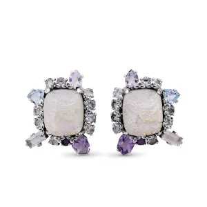 Carventurous Hand Carved Mother of Pearl Lavender Moon Quartz Amethyst Blue and White Topaz Earrings in Sterling Silver