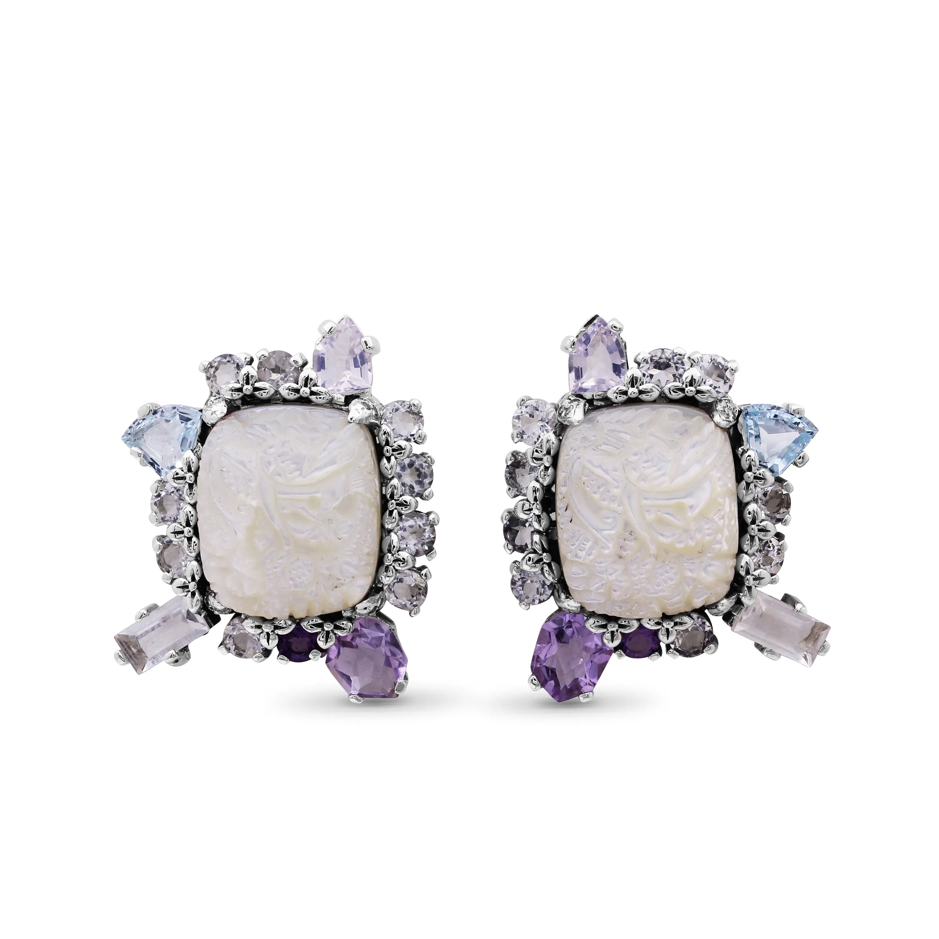 Carventurous Hand Carved Mother of Pearl Lavender Moon Quartz Amethyst Blue and White Topaz Earrings in Sterling Silver