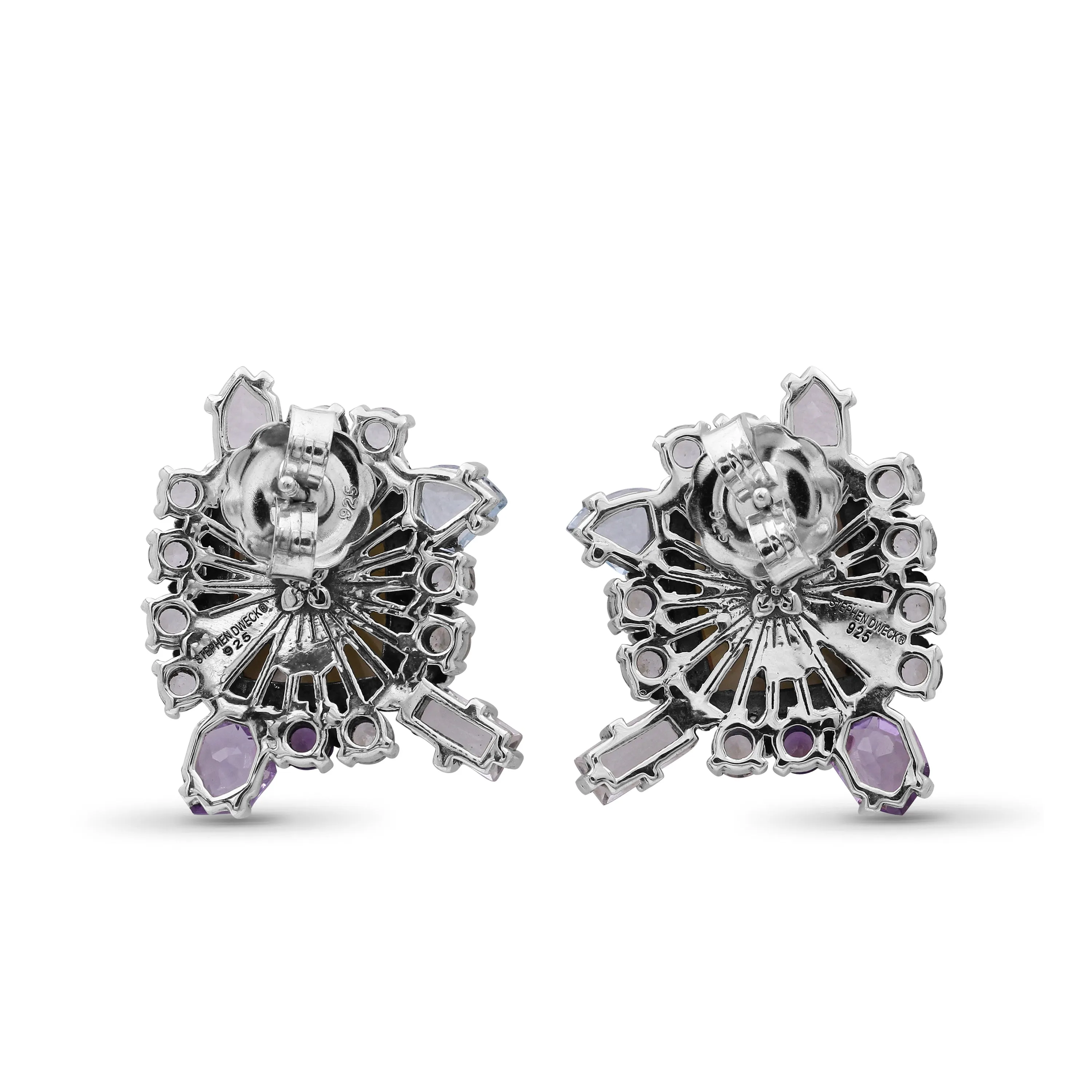 Carventurous Hand Carved Mother of Pearl Lavender Moon Quartz Amethyst Blue and White Topaz Earrings in Sterling Silver