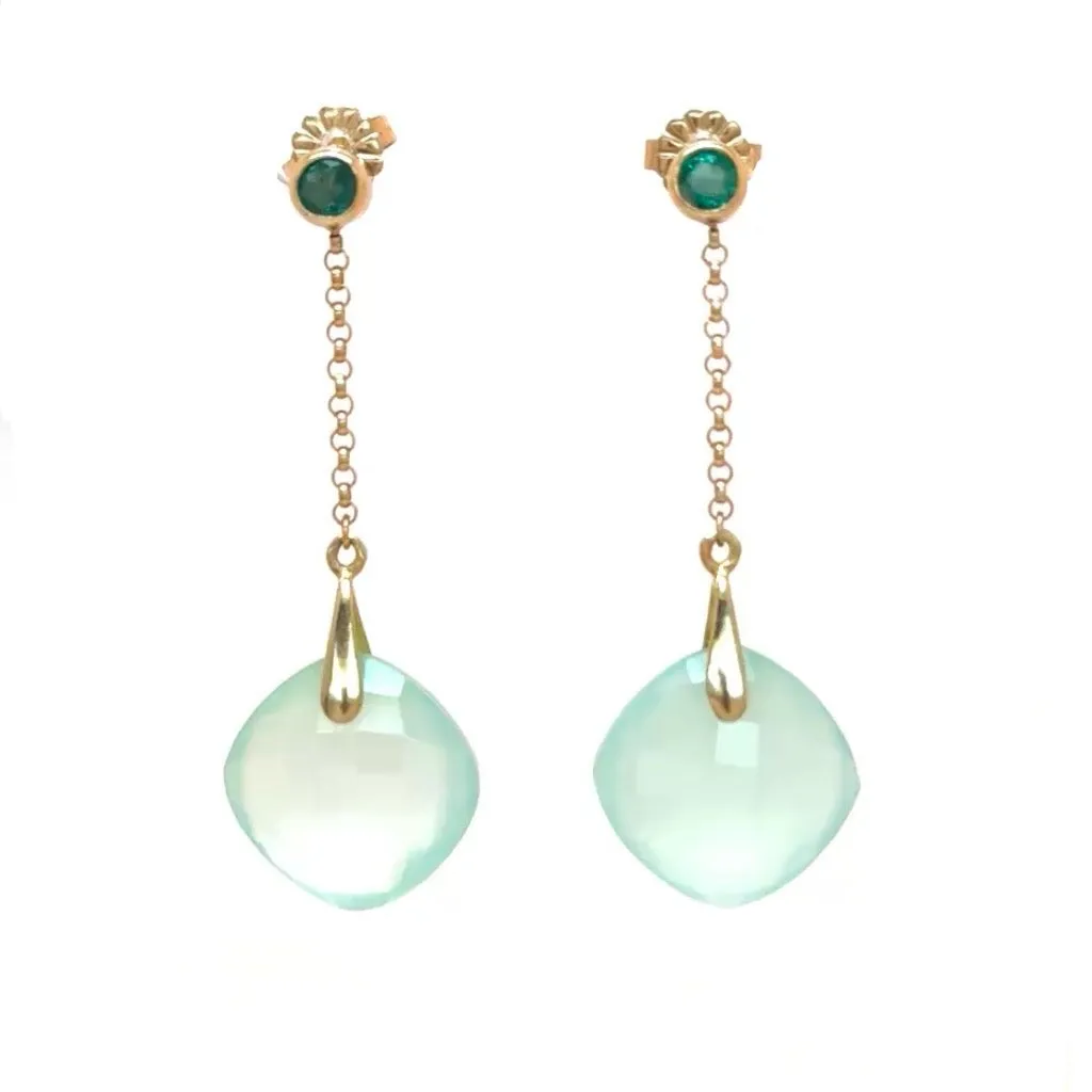 Chalcedony Drop  Emerald Post Earrings In 14K