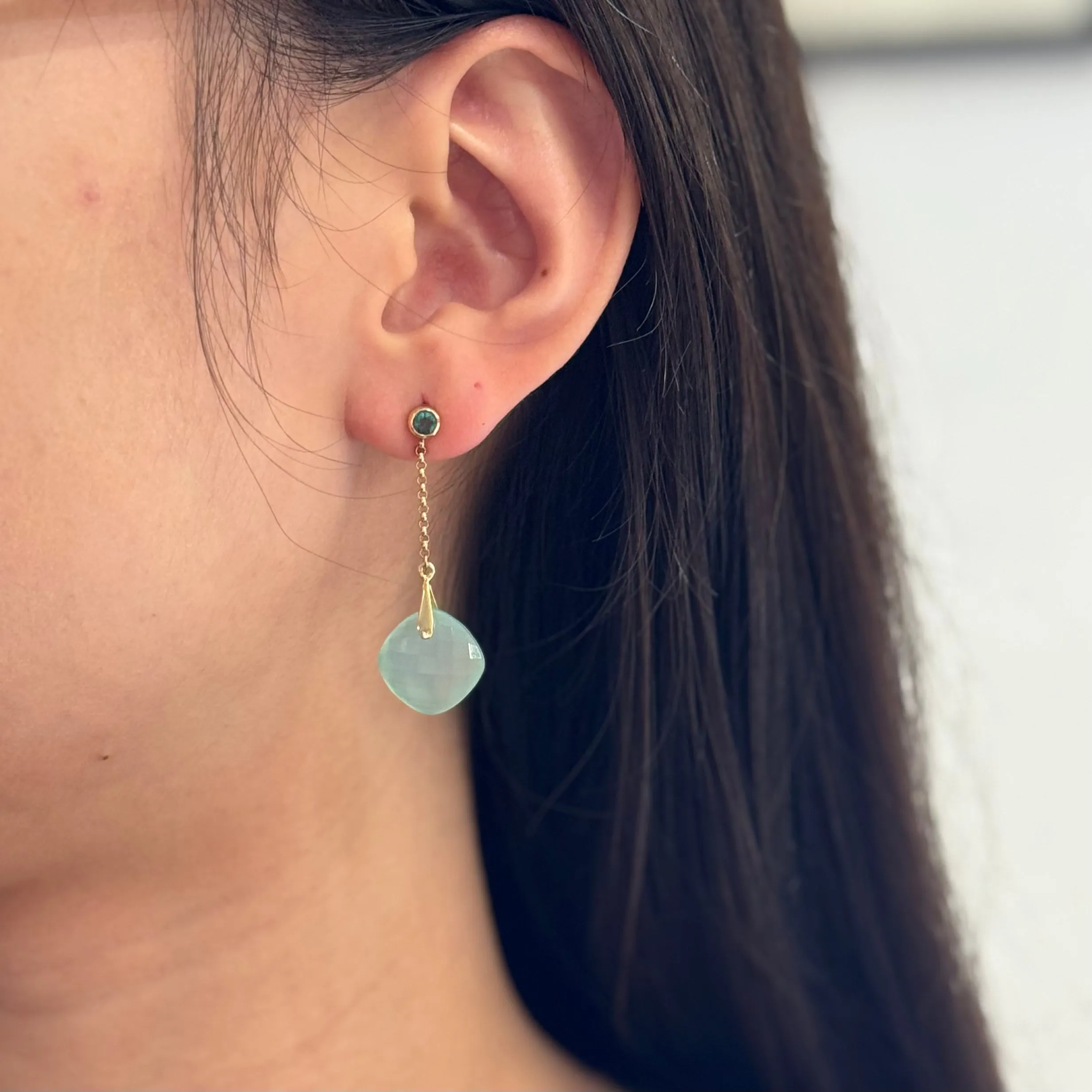 Chalcedony Drop  Emerald Post Earrings In 14K