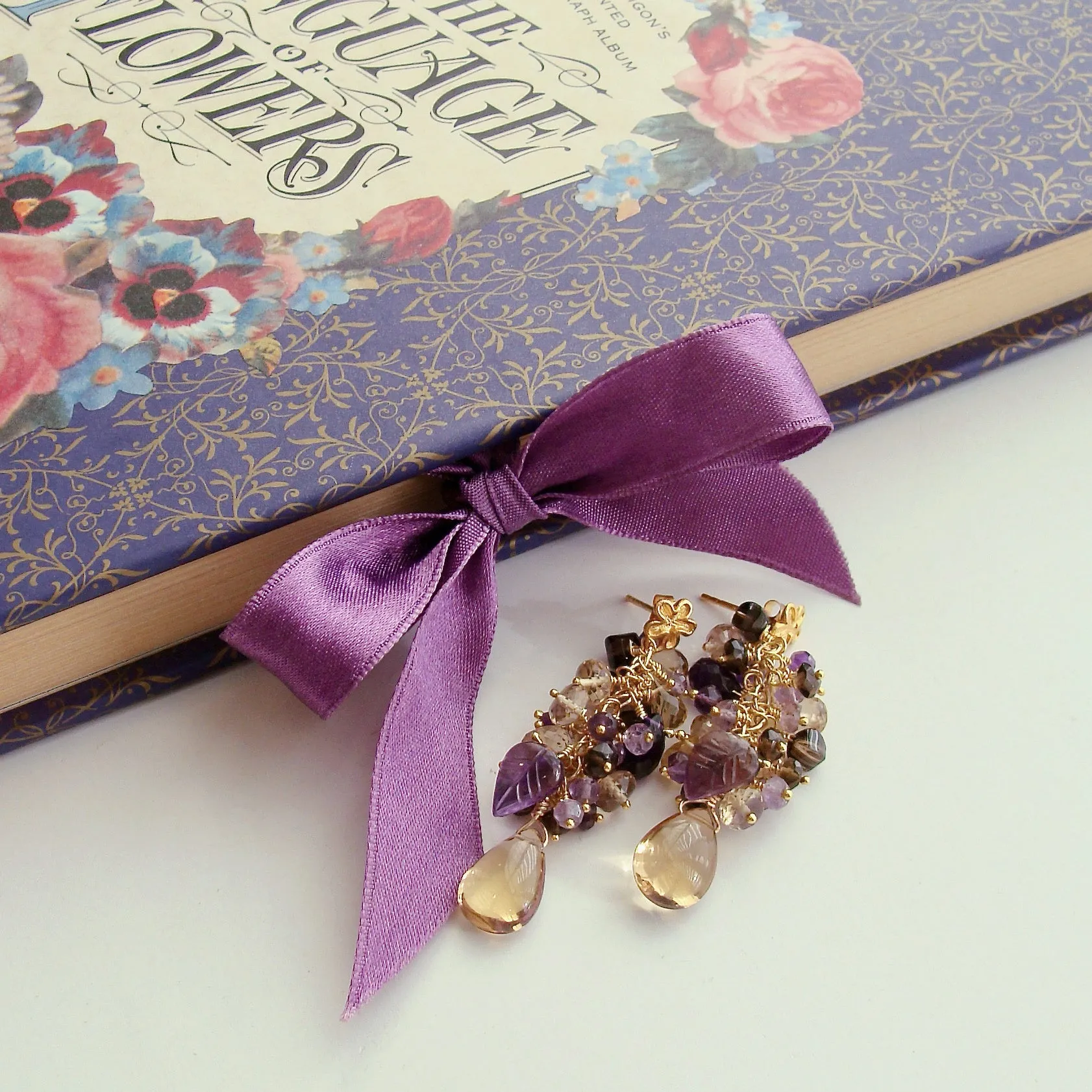 Champagne Citrine Carved Amethyst Leaves Cluster Earrings - Fleur X Earrings