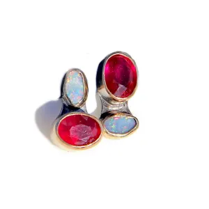 Checkerboard Style Ruby   Opal Stud Earrings