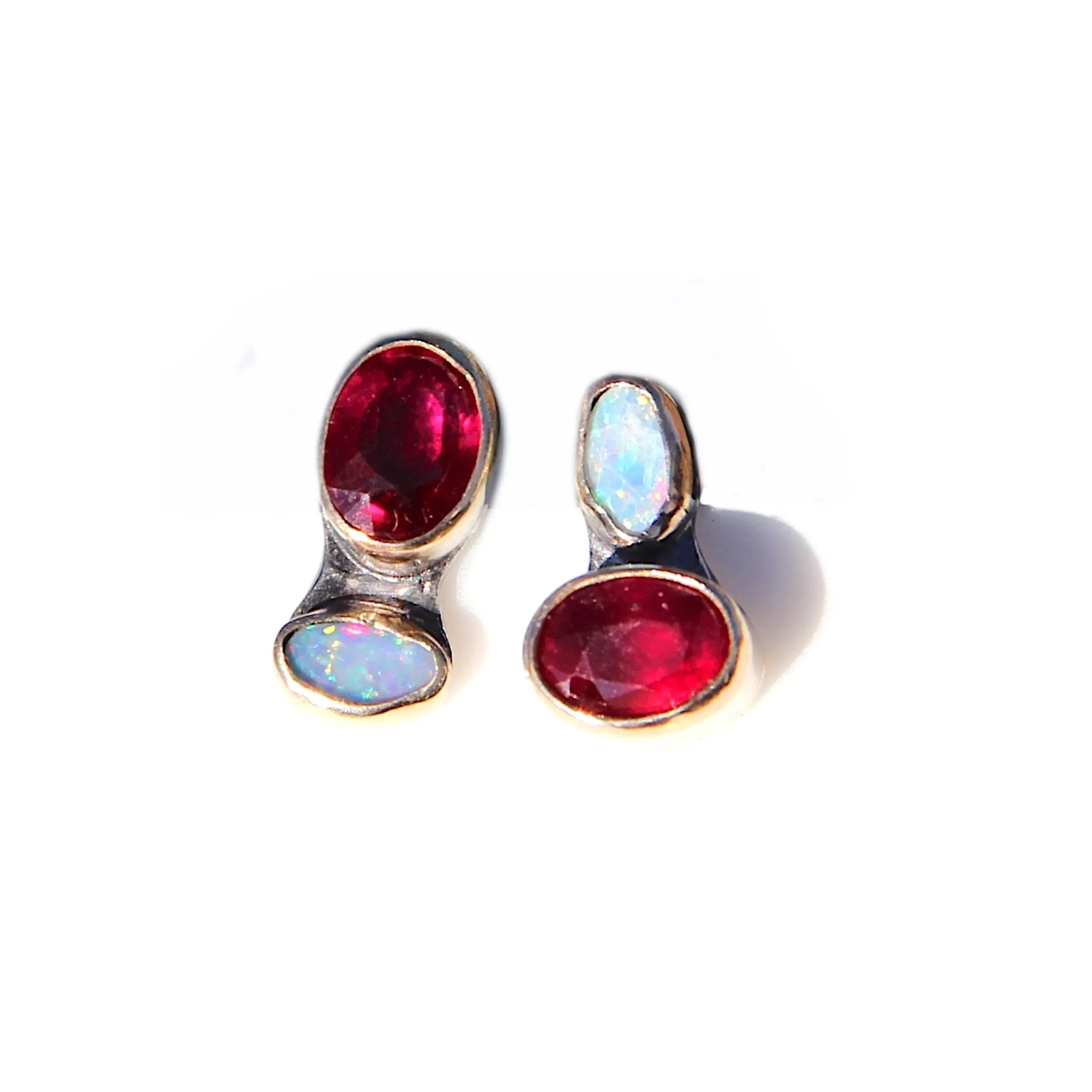 Checkerboard Style Ruby   Opal Stud Earrings