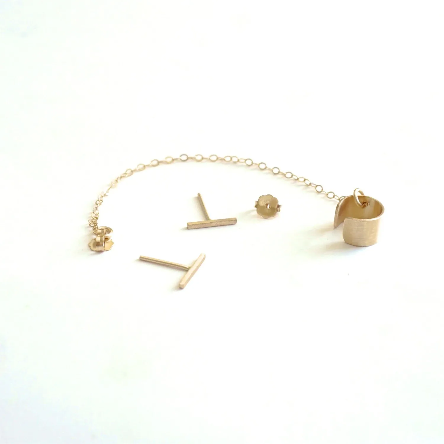 Chic Yet Edgy Hand-Made Staple Bar Stud Earrings With Single Chained Ear Cuff - 0276