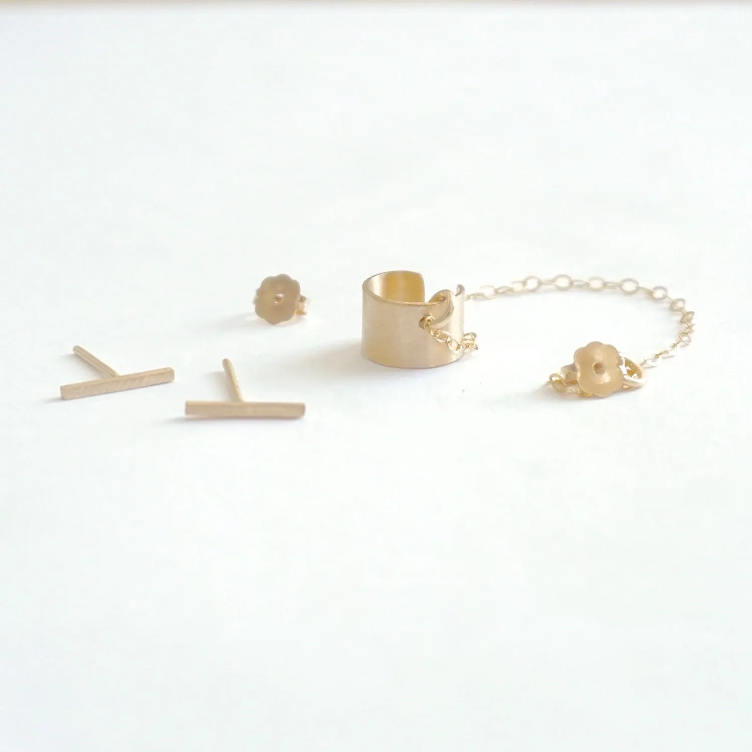 Chic Yet Edgy Hand-Made Staple Bar Stud Earrings With Single Chained Ear Cuff - 0276