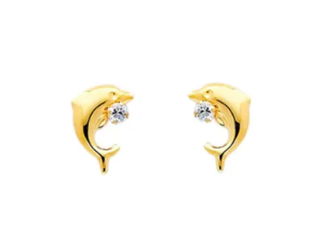 Children's Earrings:  14k gold Dolphin CZ Screw Back Earrings with Gift Box