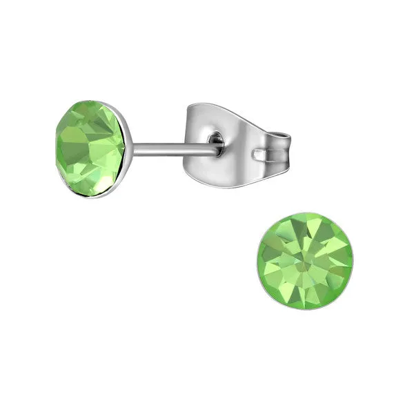 Children's, Teens' and Mothers'Earrings:  Surgical Steel Peridot CZ Studs 6mm