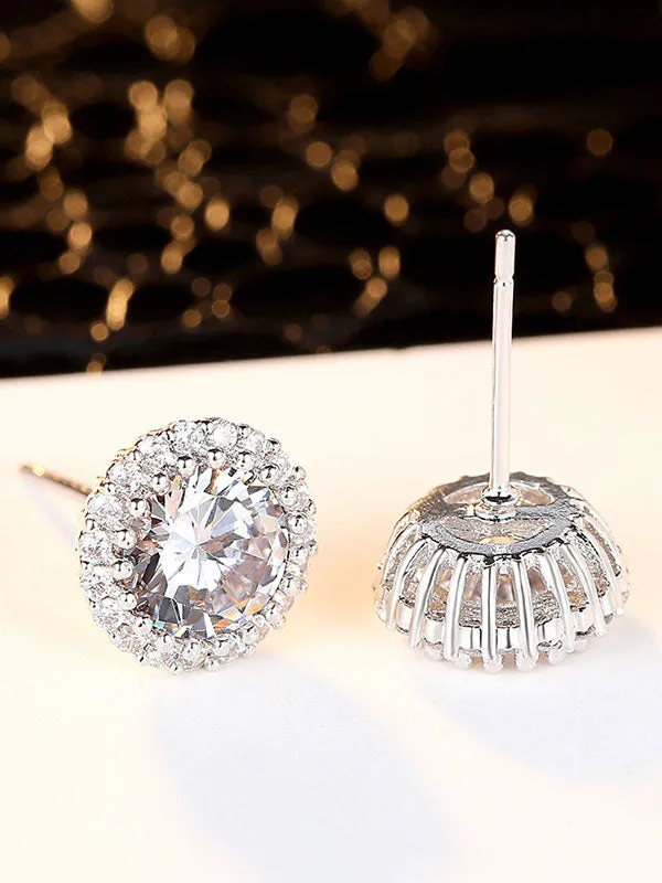 Circular Drill Zircon Crown Stud Earrings