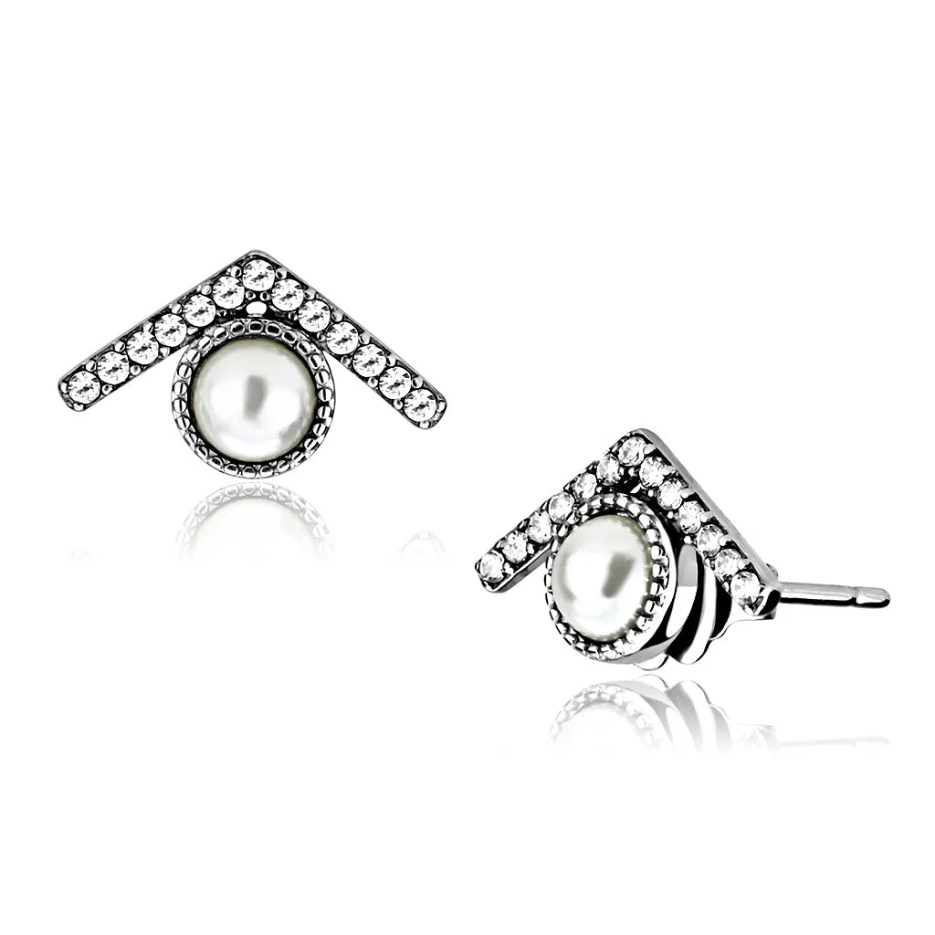 CJ216 Wholesale Women's Stainless Steel Synthetic White Pearl Chevron Earrings