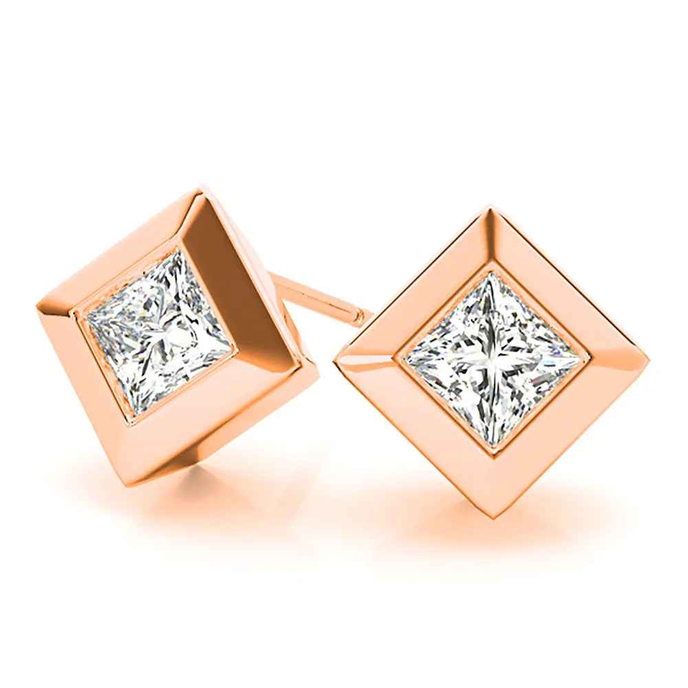 Classic Bezel Set Princess Cut Diamond Stud Earrings
