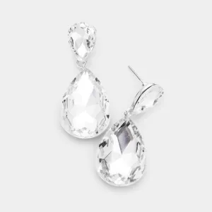 Clear Crystal Double Teardrop Silver Earrings