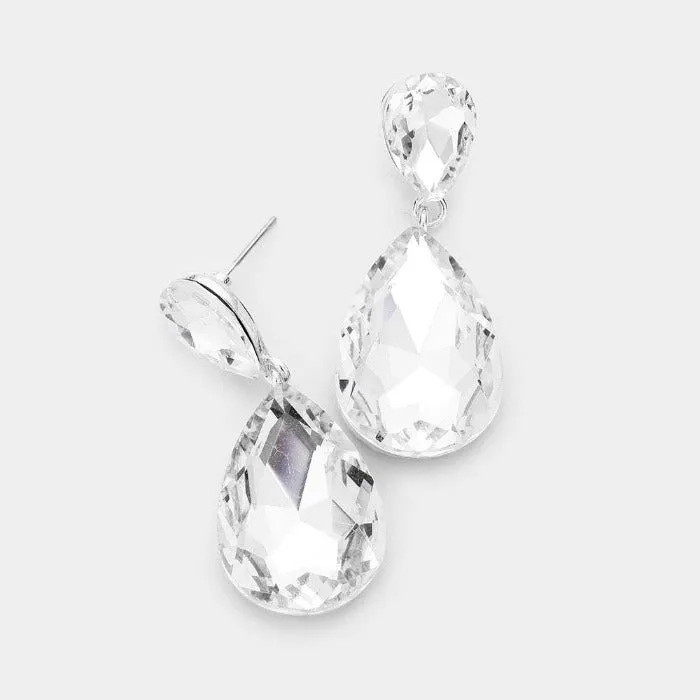 Clear Crystal Double Teardrop Silver Earrings