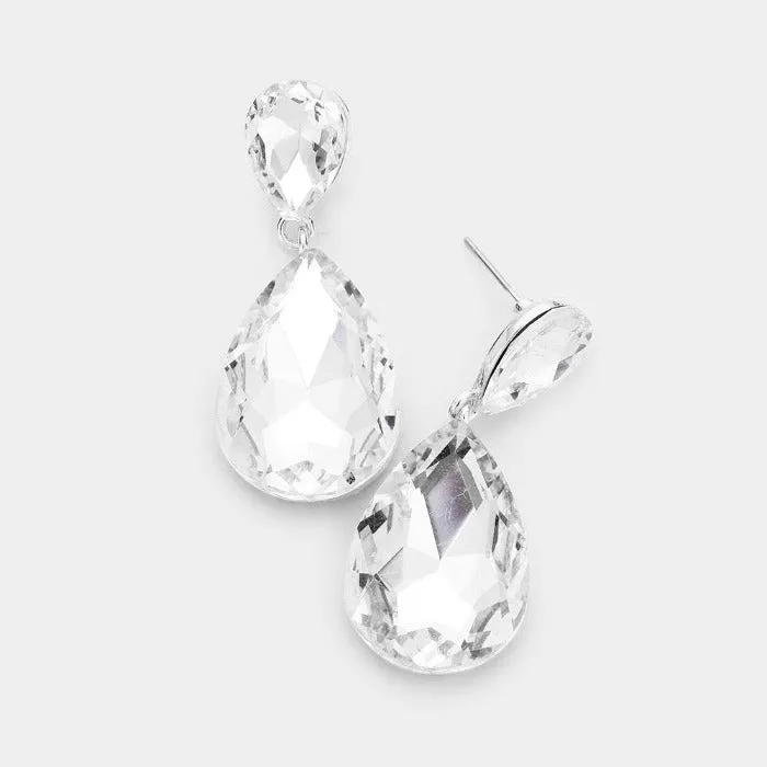 Clear Crystal Double Teardrop Silver Earrings