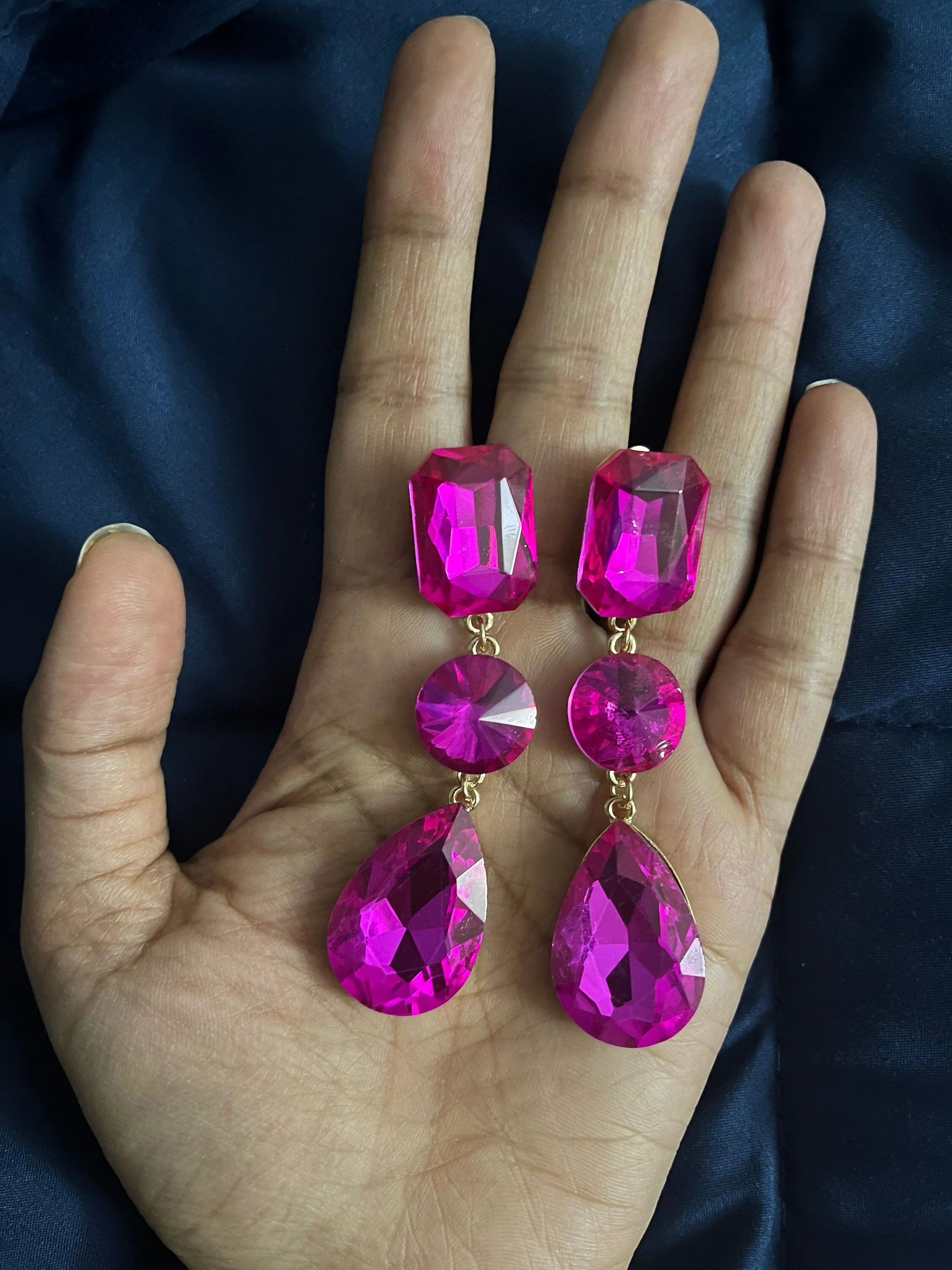 clip on fuchsia earrings hot pink clip earrings  gold rhinestone magenta crystal teardrop earrings pageant 3”