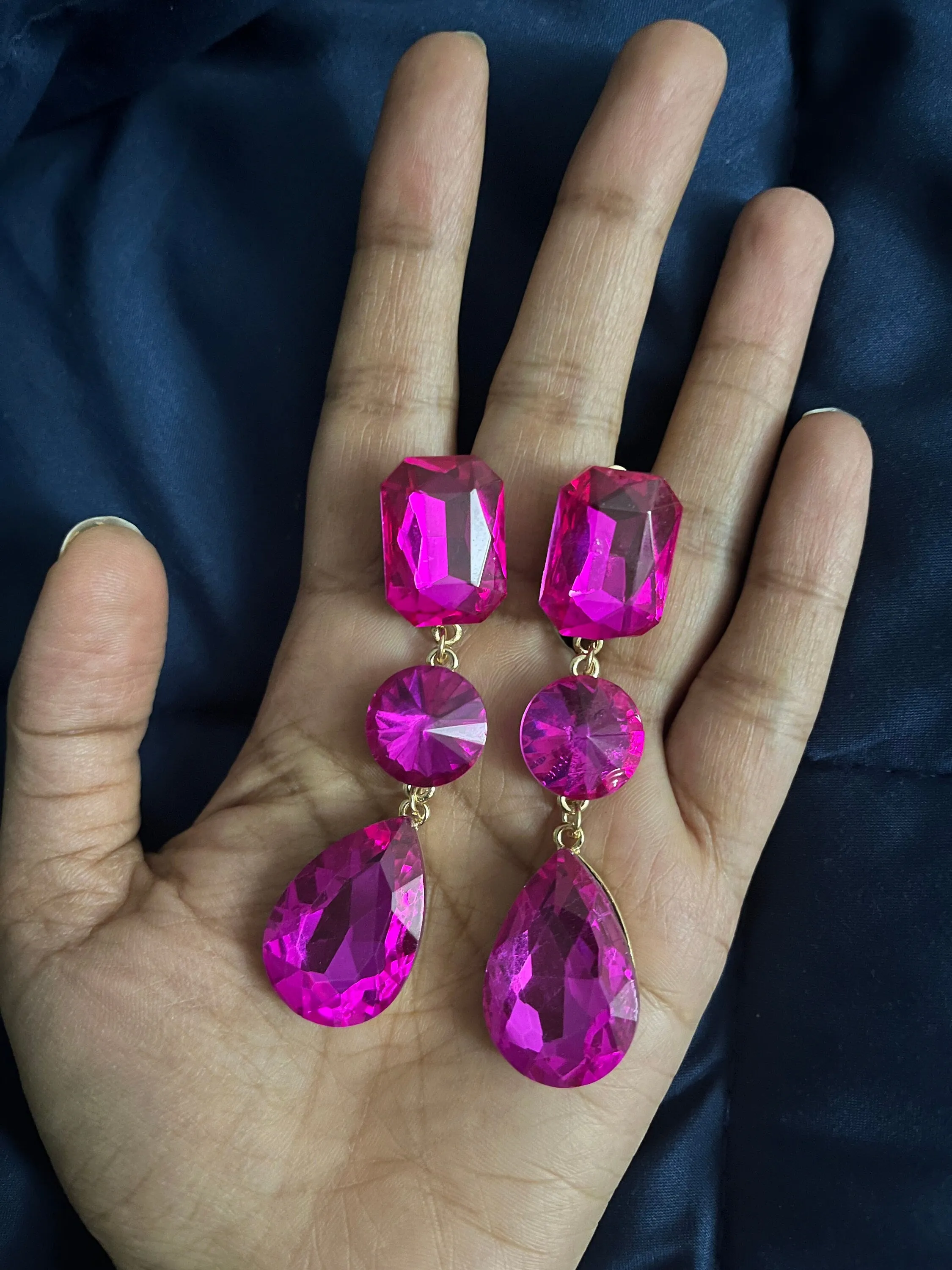 clip on fuchsia earrings hot pink clip earrings  gold rhinestone magenta crystal teardrop earrings pageant 3”