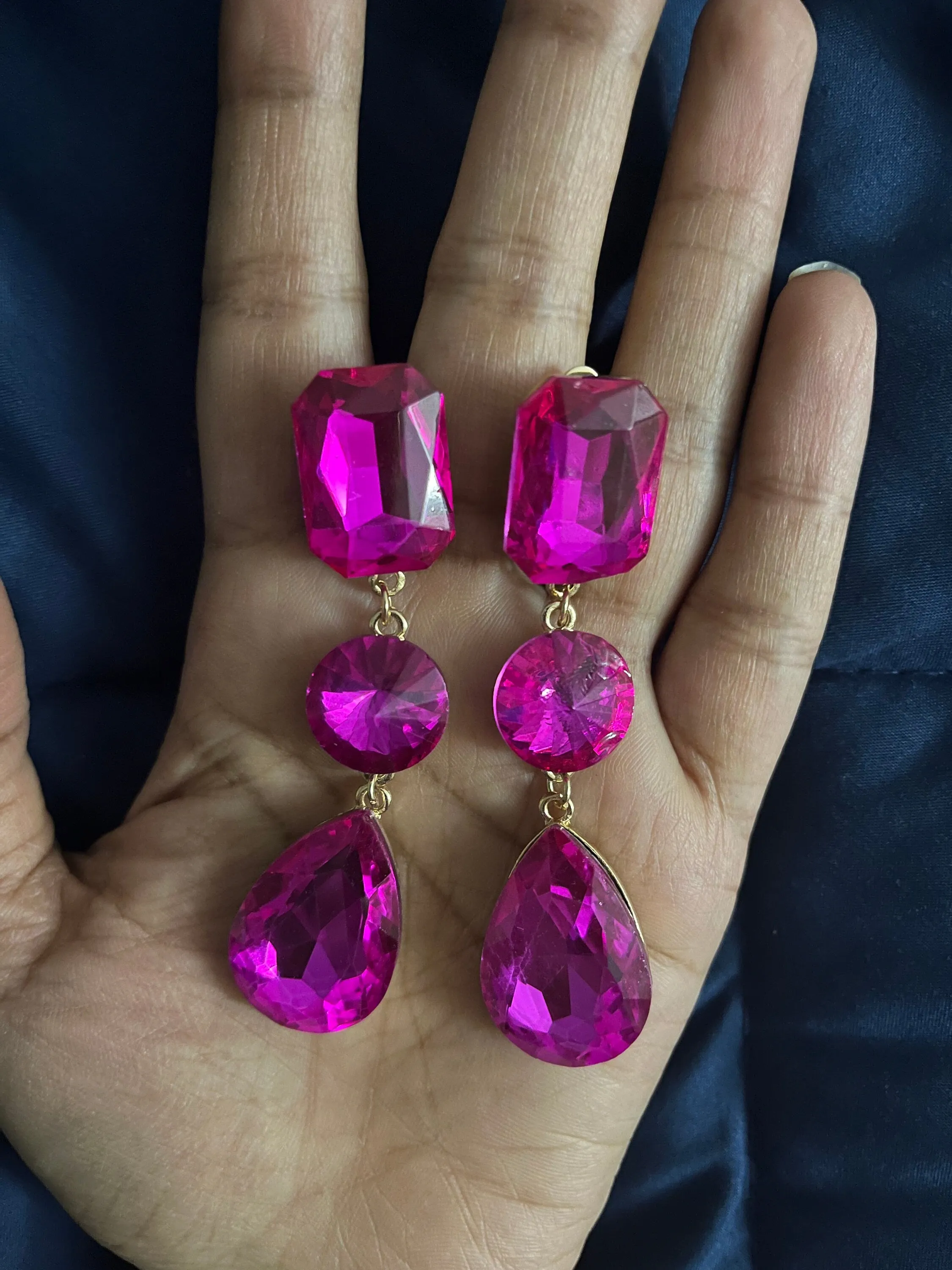 clip on fuchsia earrings hot pink clip earrings  gold rhinestone magenta crystal teardrop earrings pageant 3”