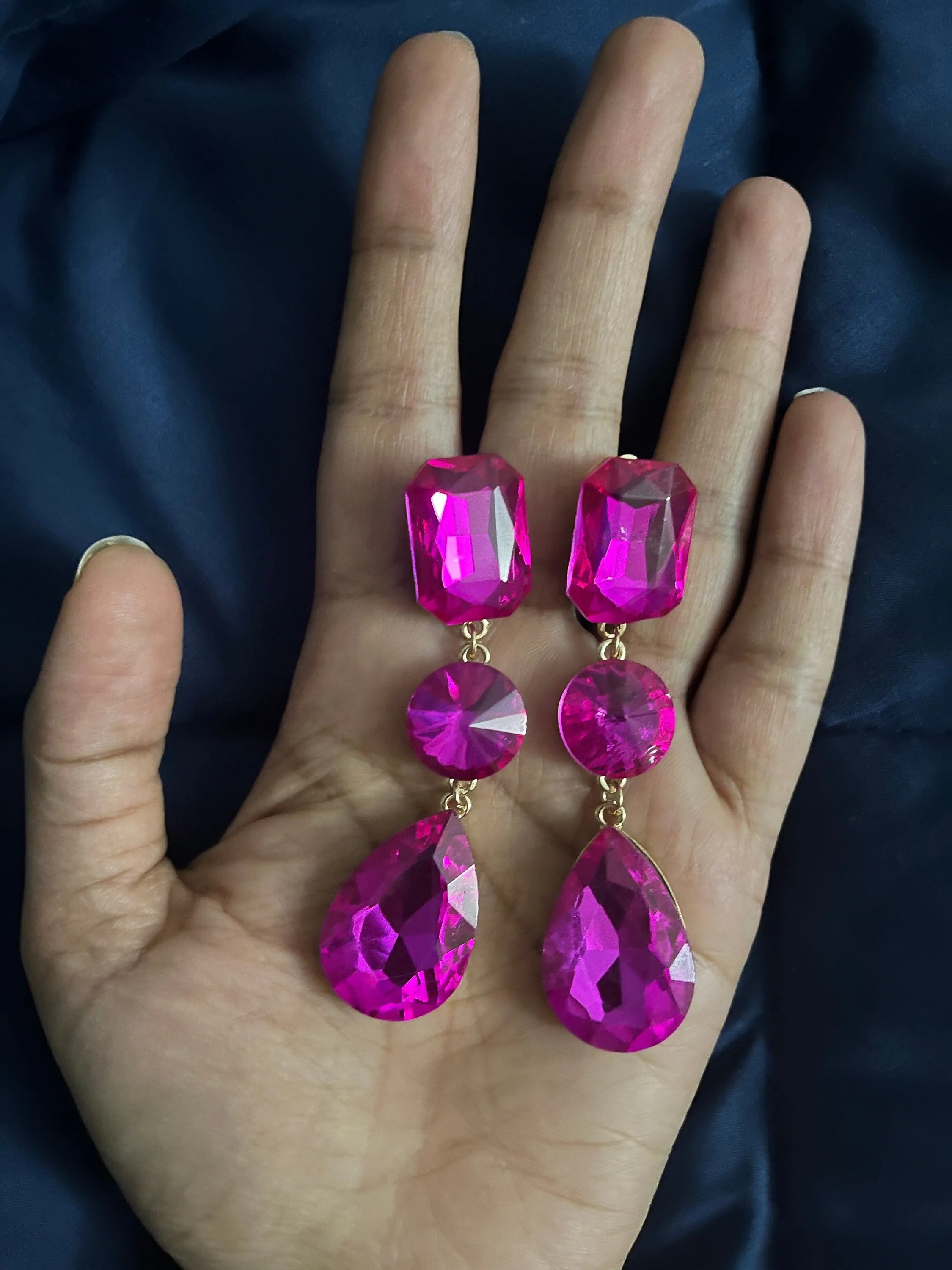 clip on fuchsia earrings hot pink clip earrings  gold rhinestone magenta crystal teardrop earrings pageant 3”