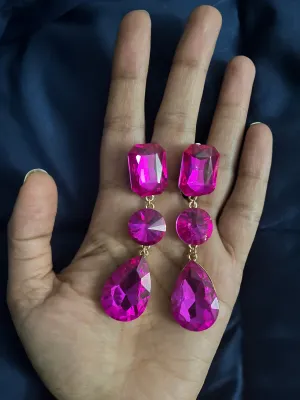 clip on fuchsia earrings hot pink clip earrings  gold rhinestone magenta crystal teardrop earrings pageant 3”