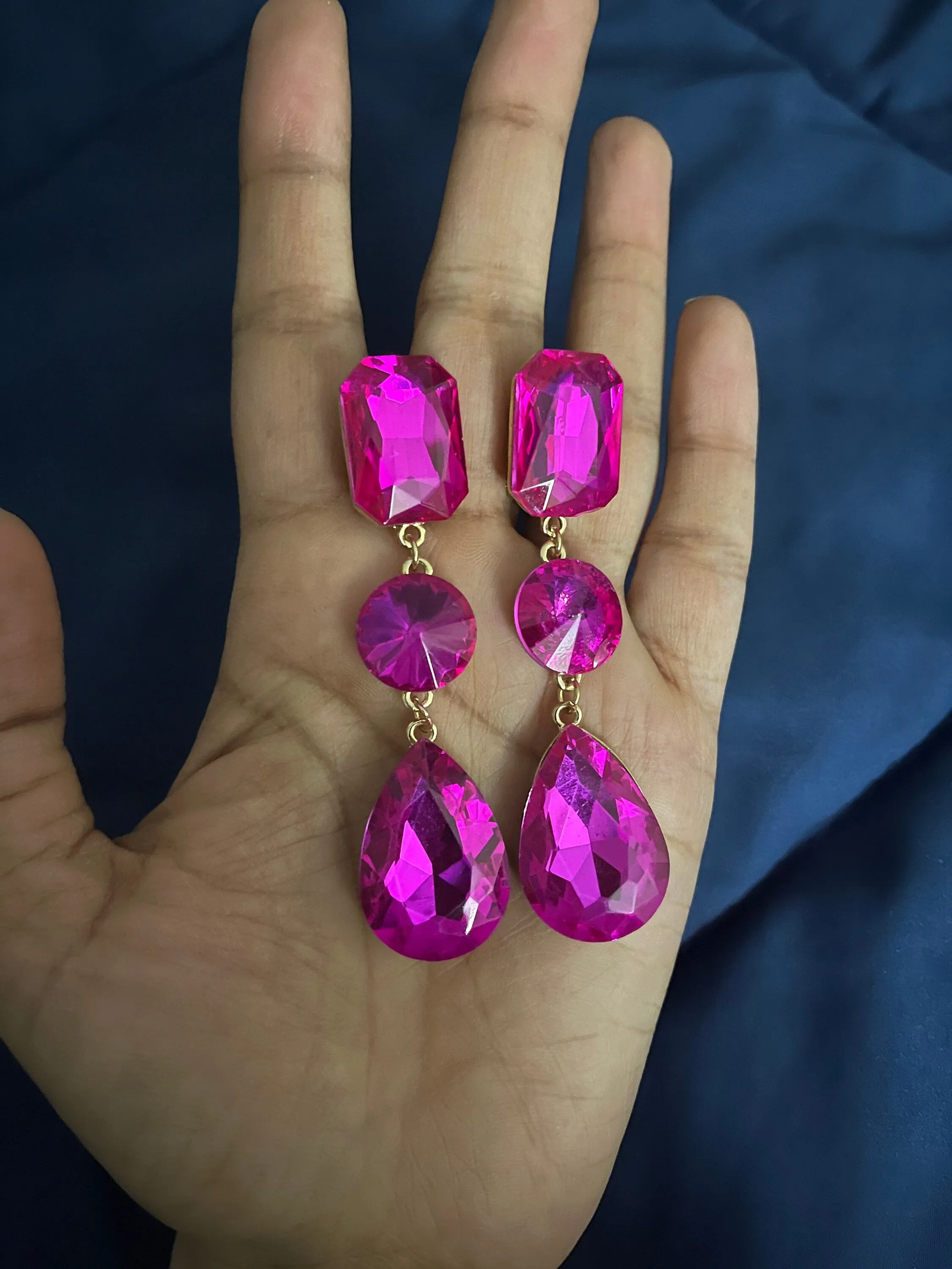 clip on fuchsia earrings hot pink clip earrings  gold rhinestone magenta crystal teardrop earrings pageant 3”