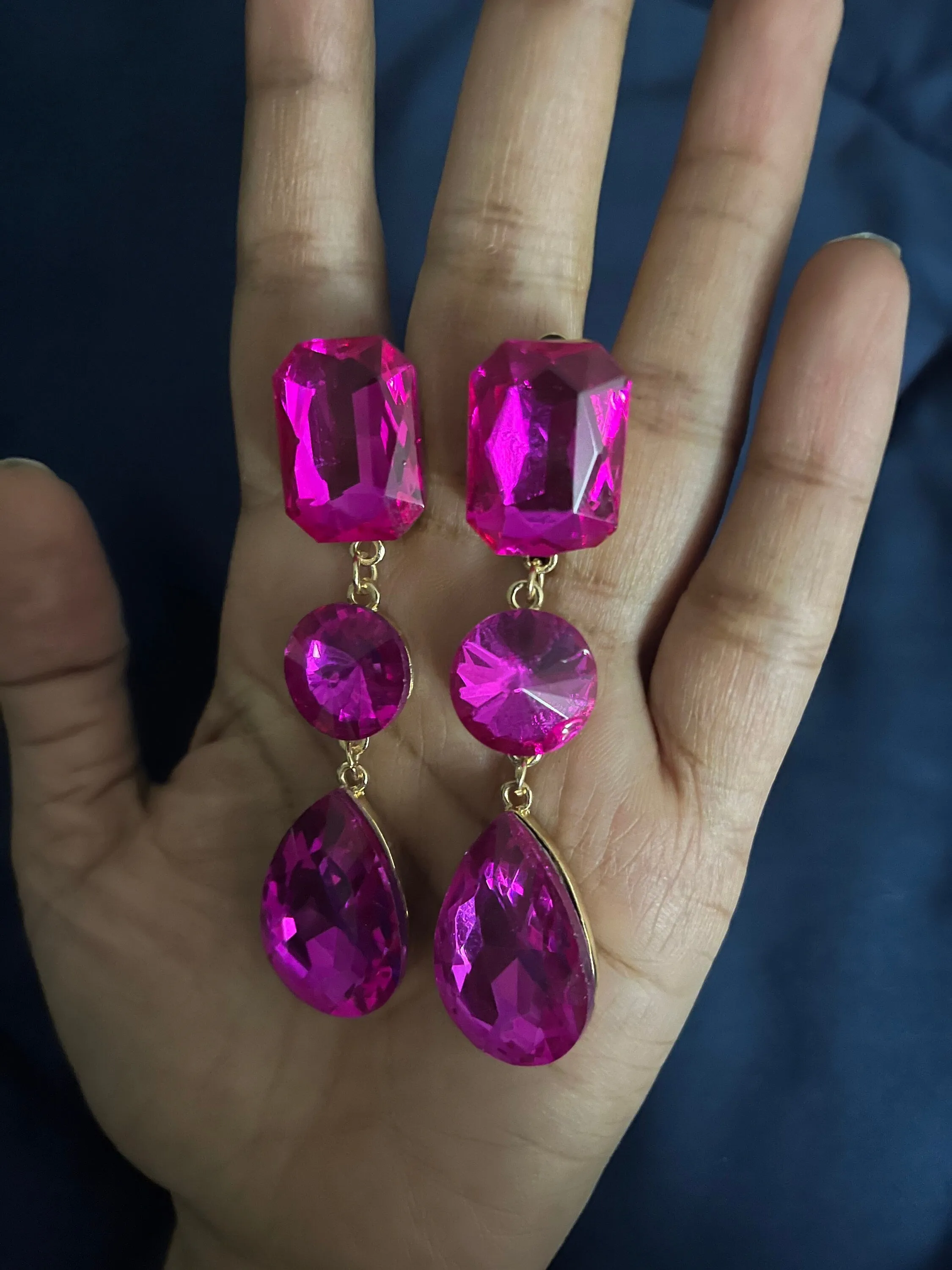 clip on fuchsia earrings hot pink clip earrings  gold rhinestone magenta crystal teardrop earrings pageant 3”