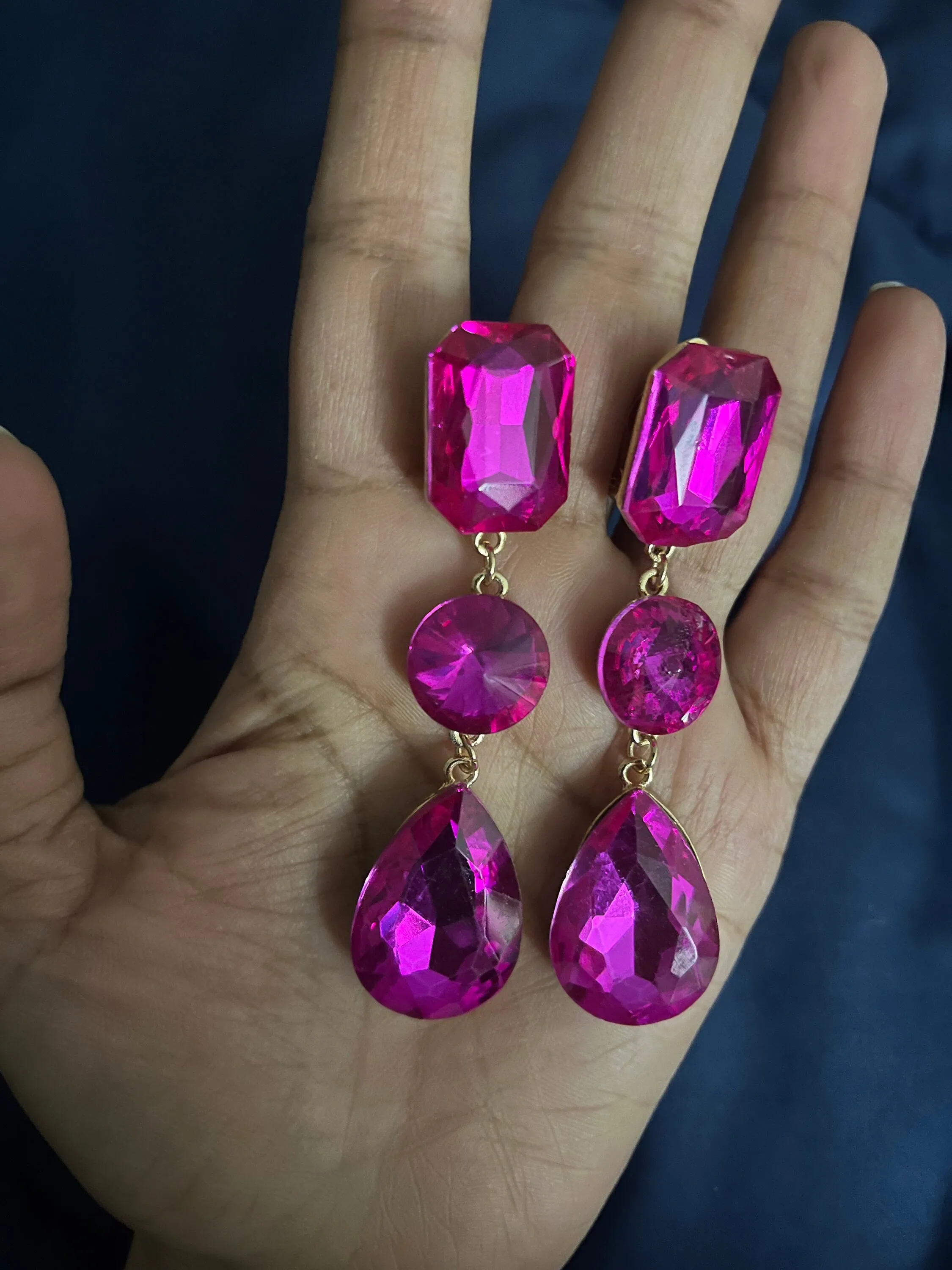 clip on fuchsia earrings hot pink clip earrings  gold rhinestone magenta crystal teardrop earrings pageant 3”