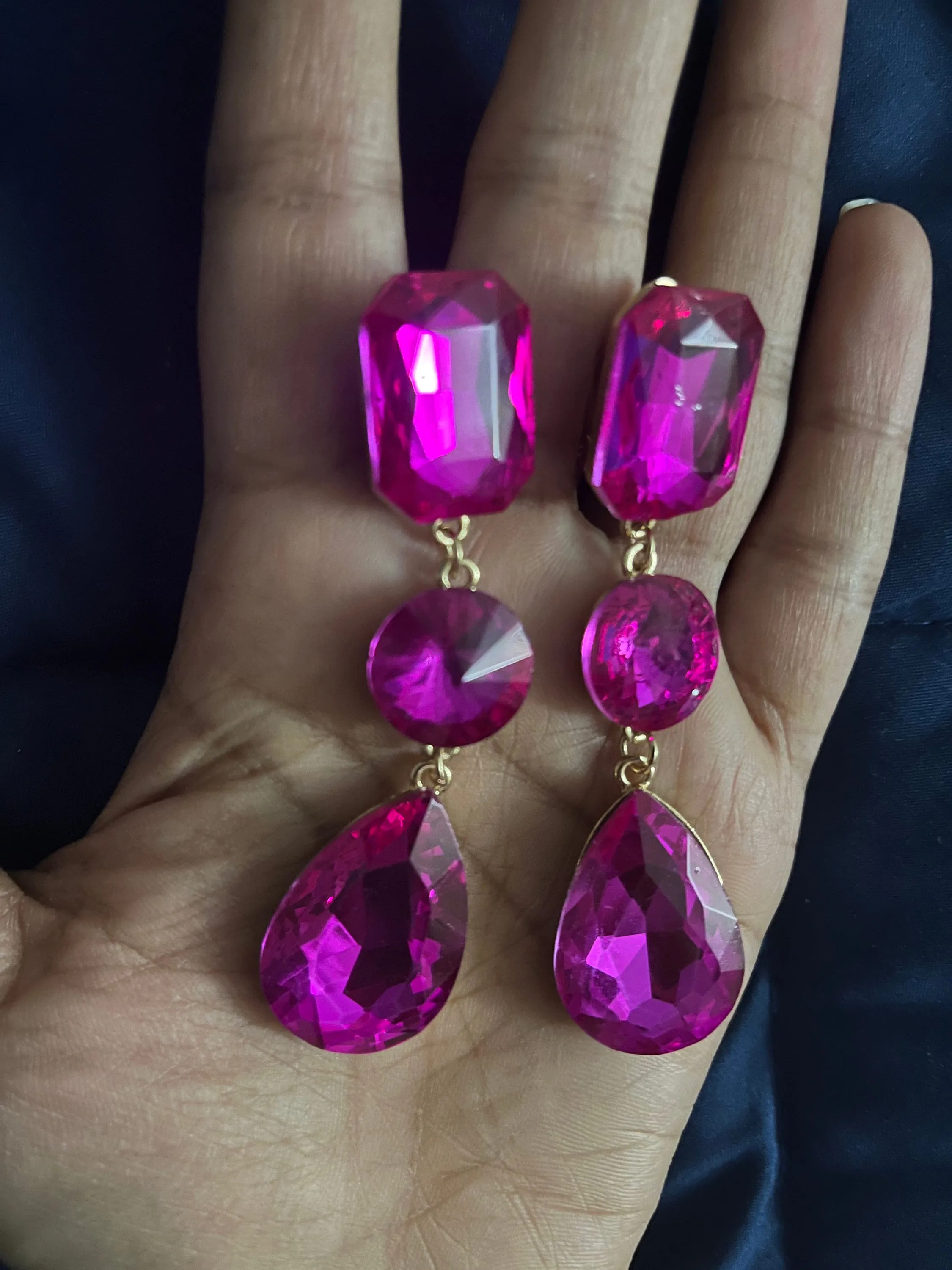 clip on fuchsia earrings hot pink clip earrings  gold rhinestone magenta crystal teardrop earrings pageant 3”
