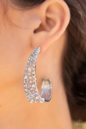 Cold as Ice - White - Rhinestone J-Hook Paparazzi Hoop Earrings - April 2022 Life of the Party Exclusive