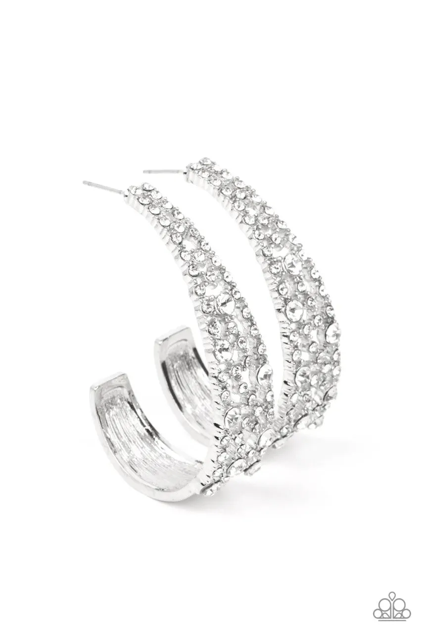 Cold as Ice - White - Rhinestone J-Hook Paparazzi Hoop Earrings - April 2022 Life of the Party Exclusive