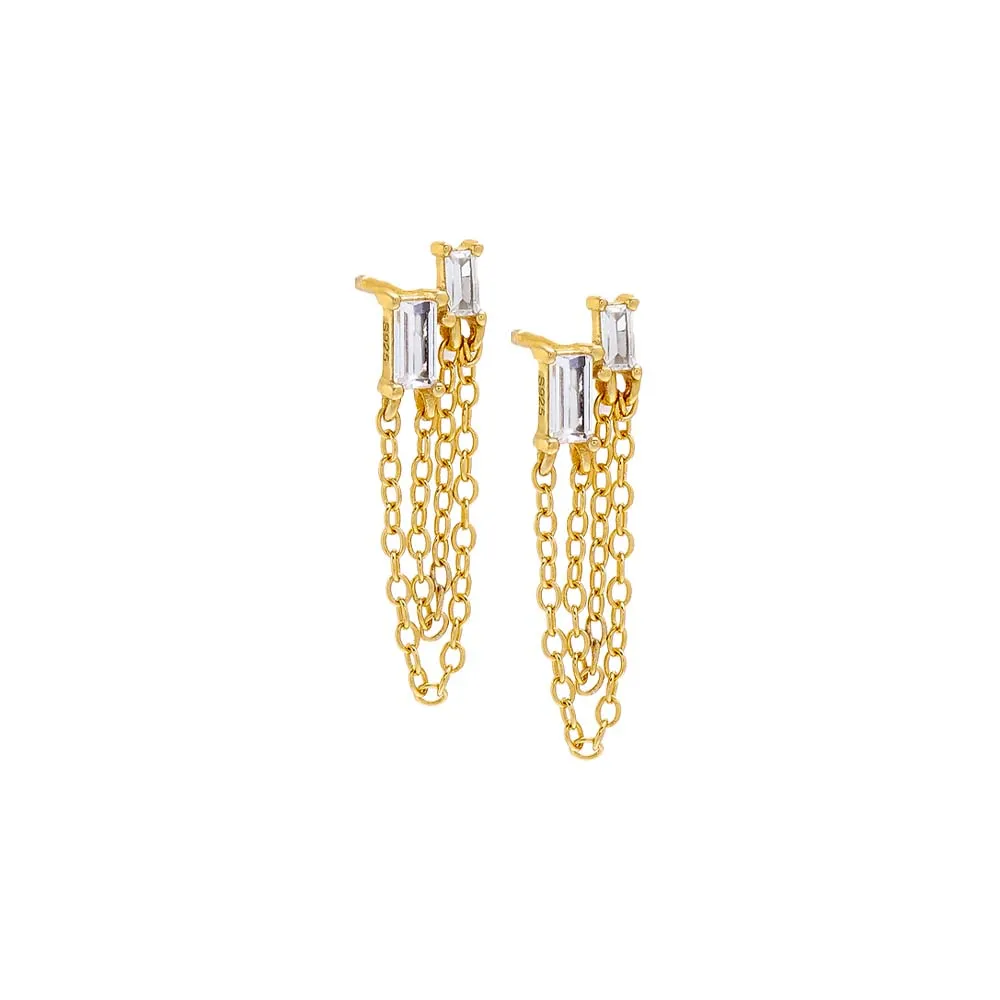 Colored Baguette Double Chain Stud Earring