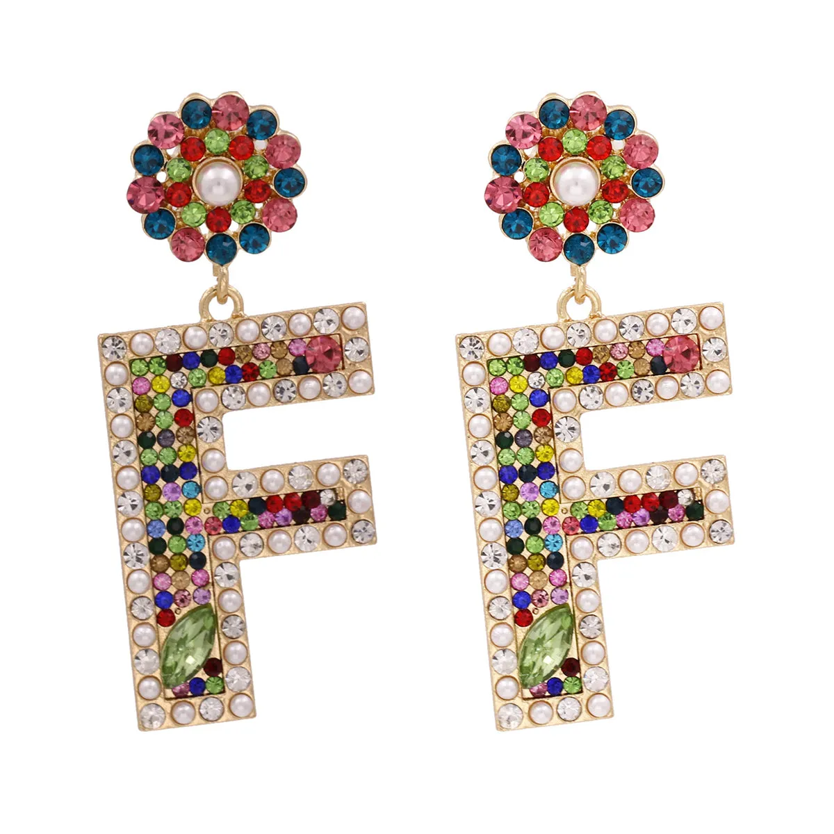 Colored Crystal & Cubic Zirconia Pearl Letter F Dangle Earring
