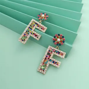 Colored Crystal & Cubic Zirconia Pearl Letter F Dangle Earring