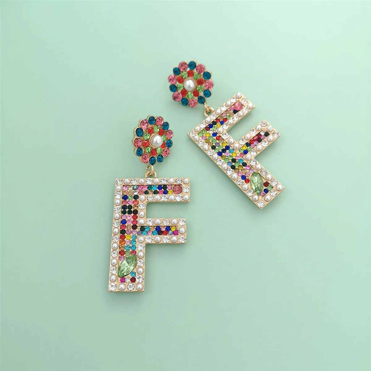 Colored Crystal & Cubic Zirconia Pearl Letter F Dangle Earring