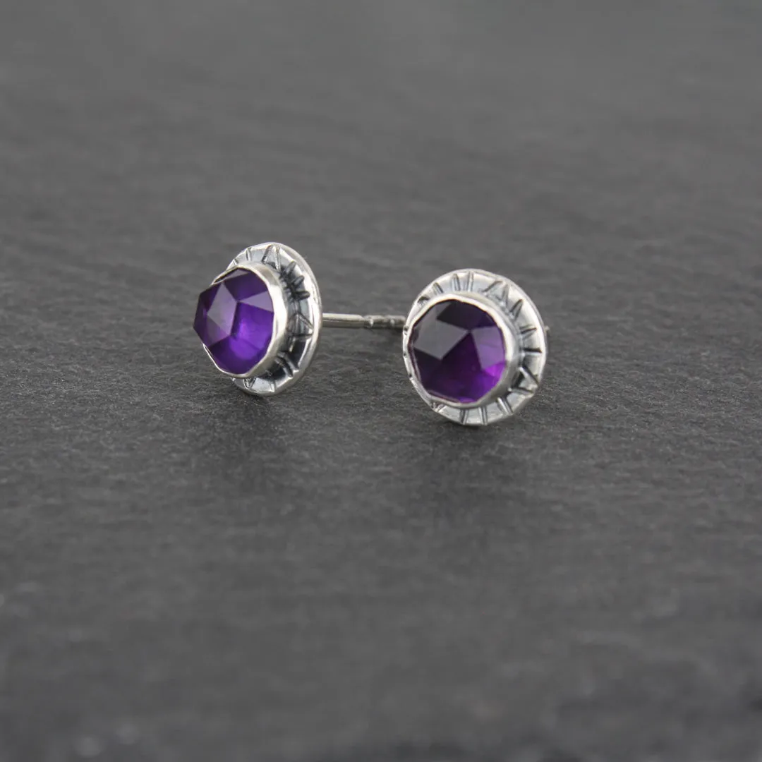 Compass Stud Earrings with Rose-cut Amethyst (Sterling Silver)