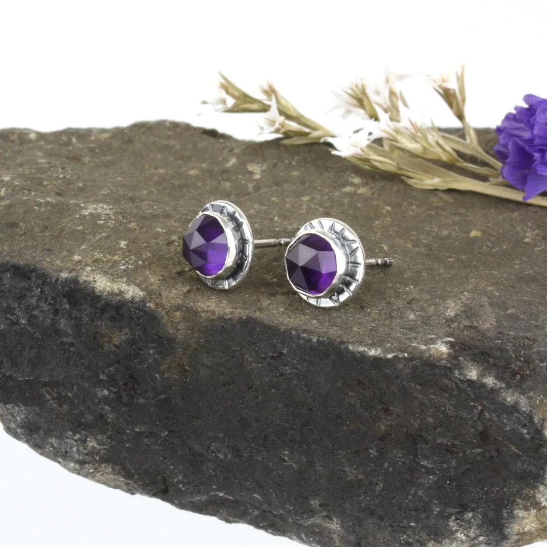 Compass Stud Earrings with Rose-cut Amethyst (Sterling Silver)