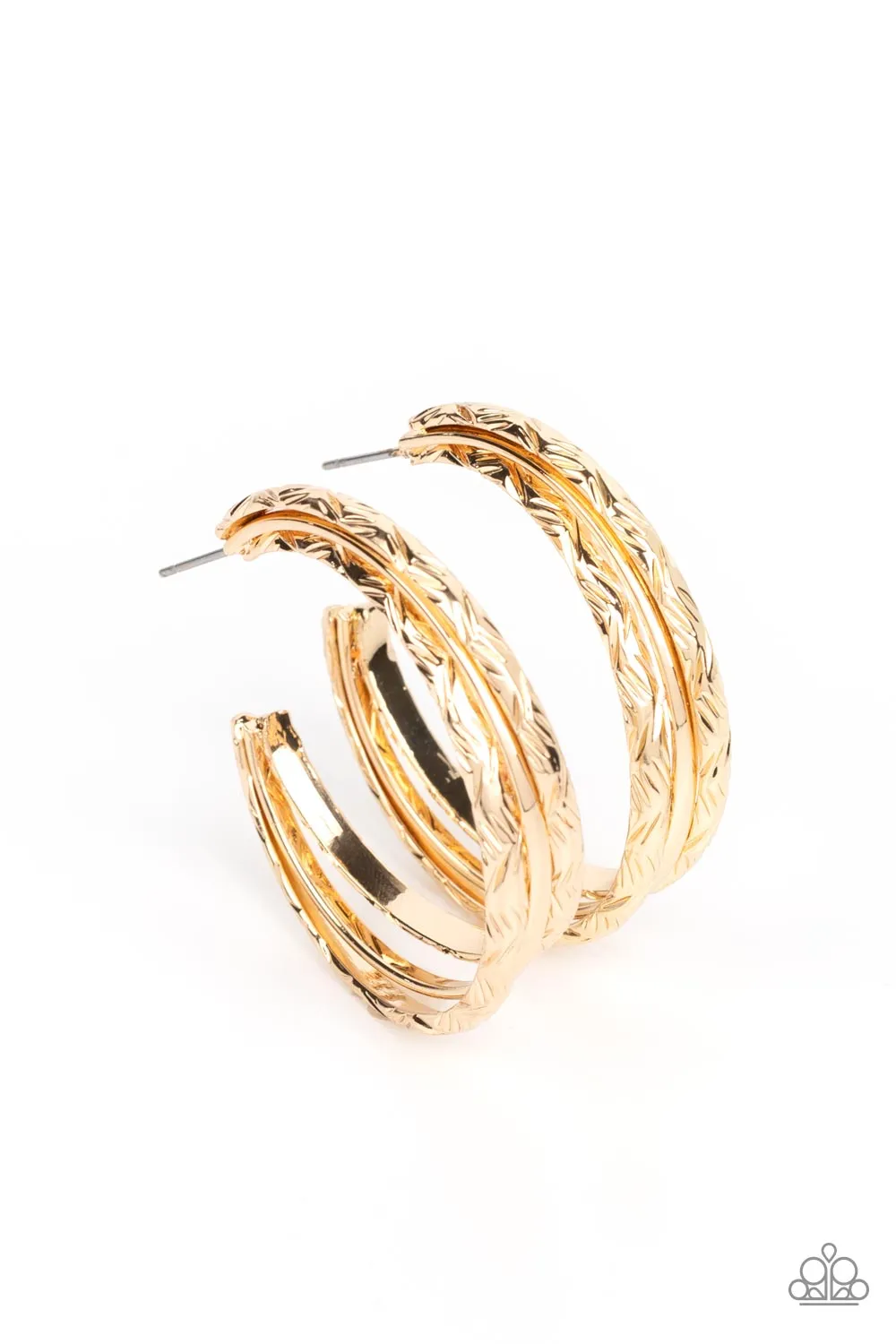 CONTOUR de Force - Gold - Stamped Layered Paparazzi Hoop Earrings