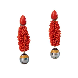 Coral Earrings with Micro Mosaic Grey Pearls