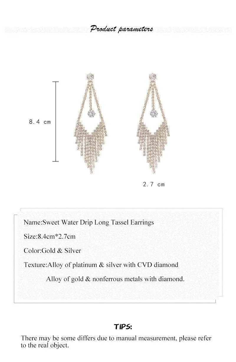 Created Diamond Sweet Water Drip Long Tassel Earrings