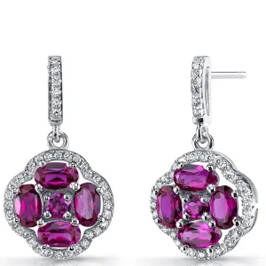 Created Ruby Clover Dangle Drop Earrings Sterling Silver 2.5 Carats