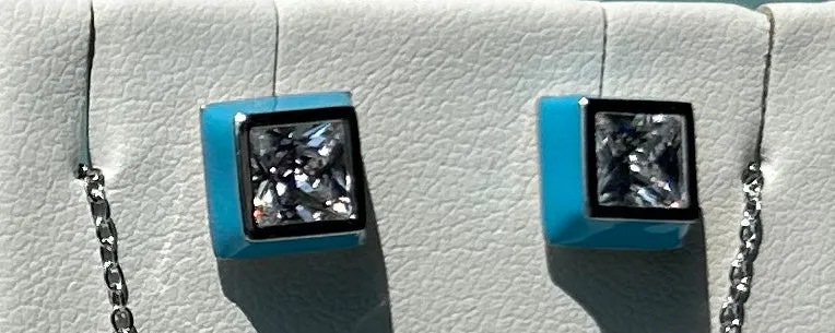 Crislu Platinum Glaze Blue Enamel Square Earrings