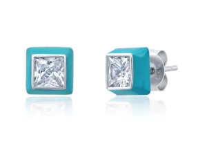 Crislu Platinum Glaze Blue Enamel Square Earrings
