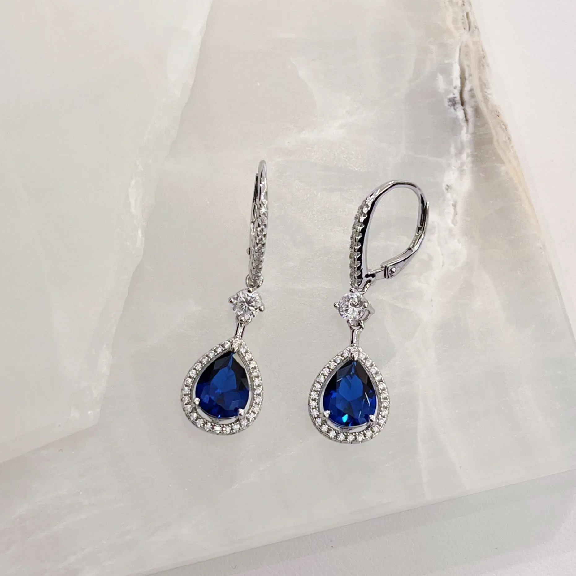 CRYSTAL BLUE SAPPHIRE HALO TEARDROP earrings