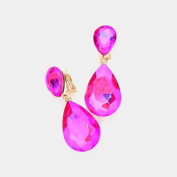 Crystal Pink Double Teardrop Clip-on Evening Earrings