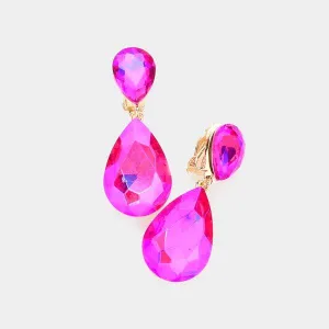 Crystal Pink Double Teardrop Clip-on Evening Earrings