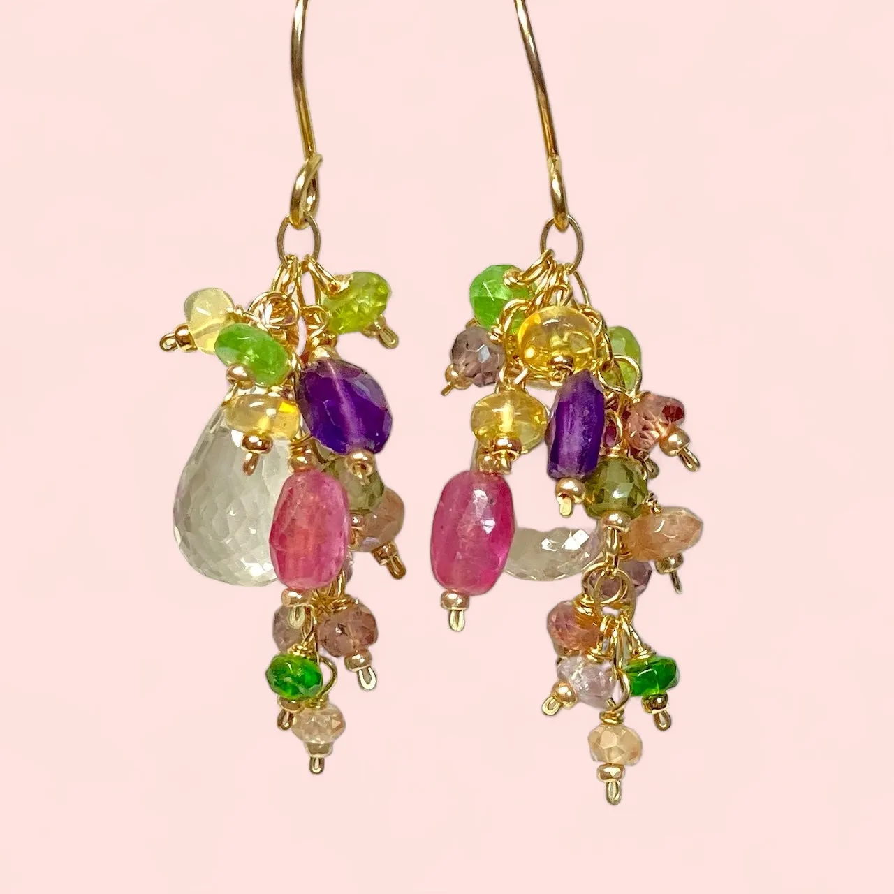 Crystal Quartz Dangle Earrings with Multi Gemstone Cluster in Gold Fill, 12