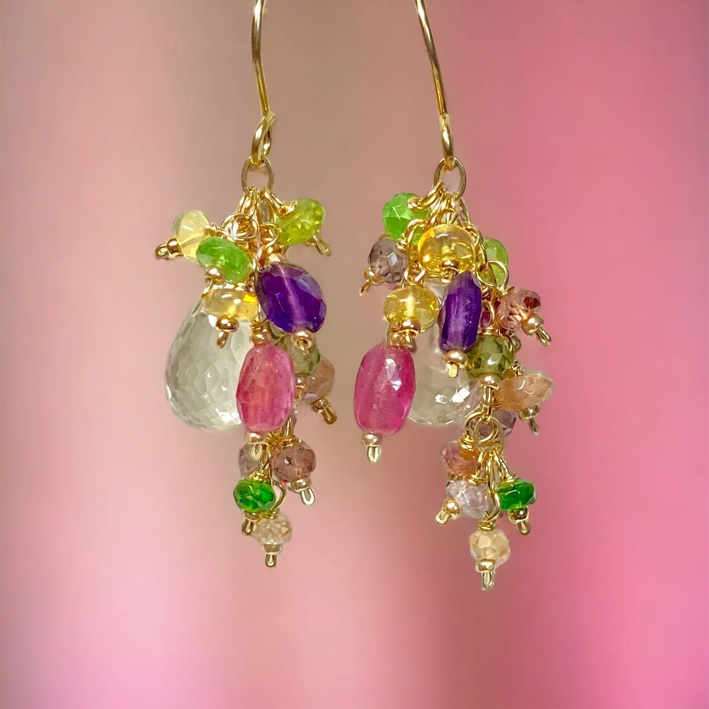 Crystal Quartz Dangle Earrings with Multi Gemstone Cluster in Gold Fill, 12