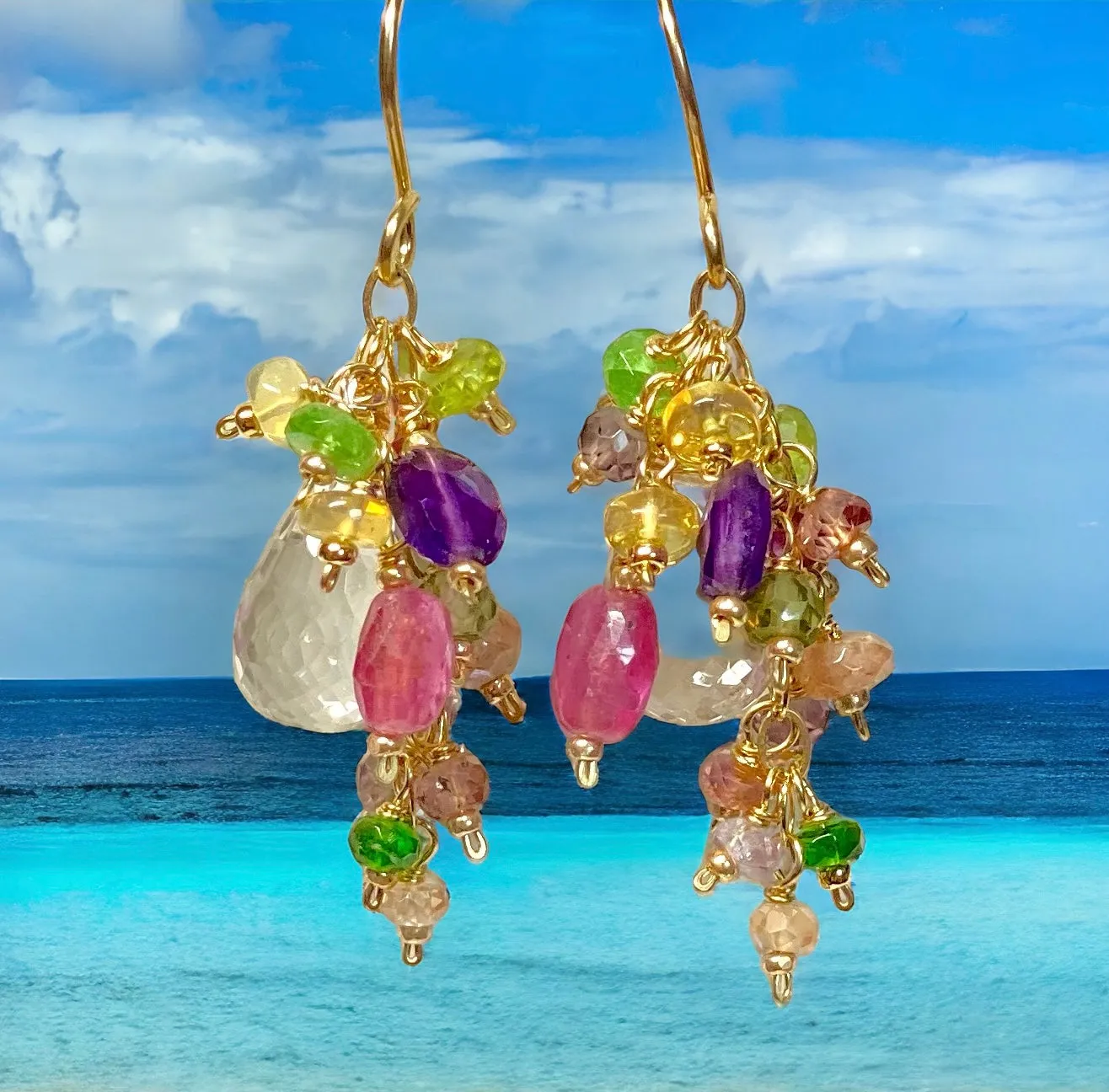 Crystal Quartz Dangle Earrings with Multi Gemstone Cluster in Gold Fill, 12