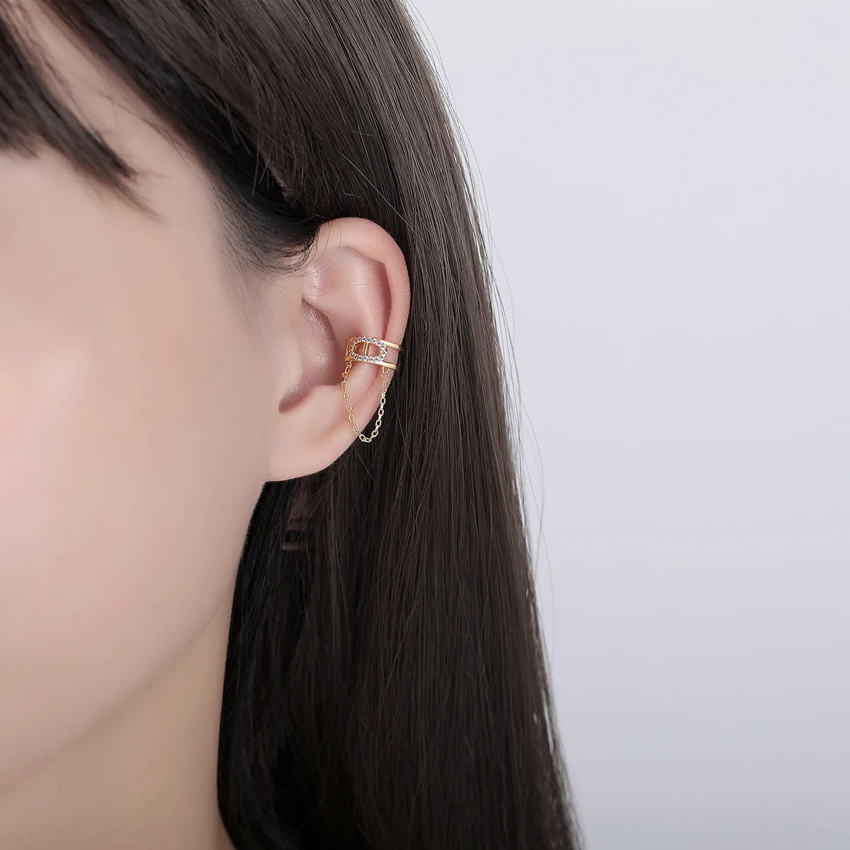 Cubic Zirconia & 18K Gold-Plated Chain Ear Cuff