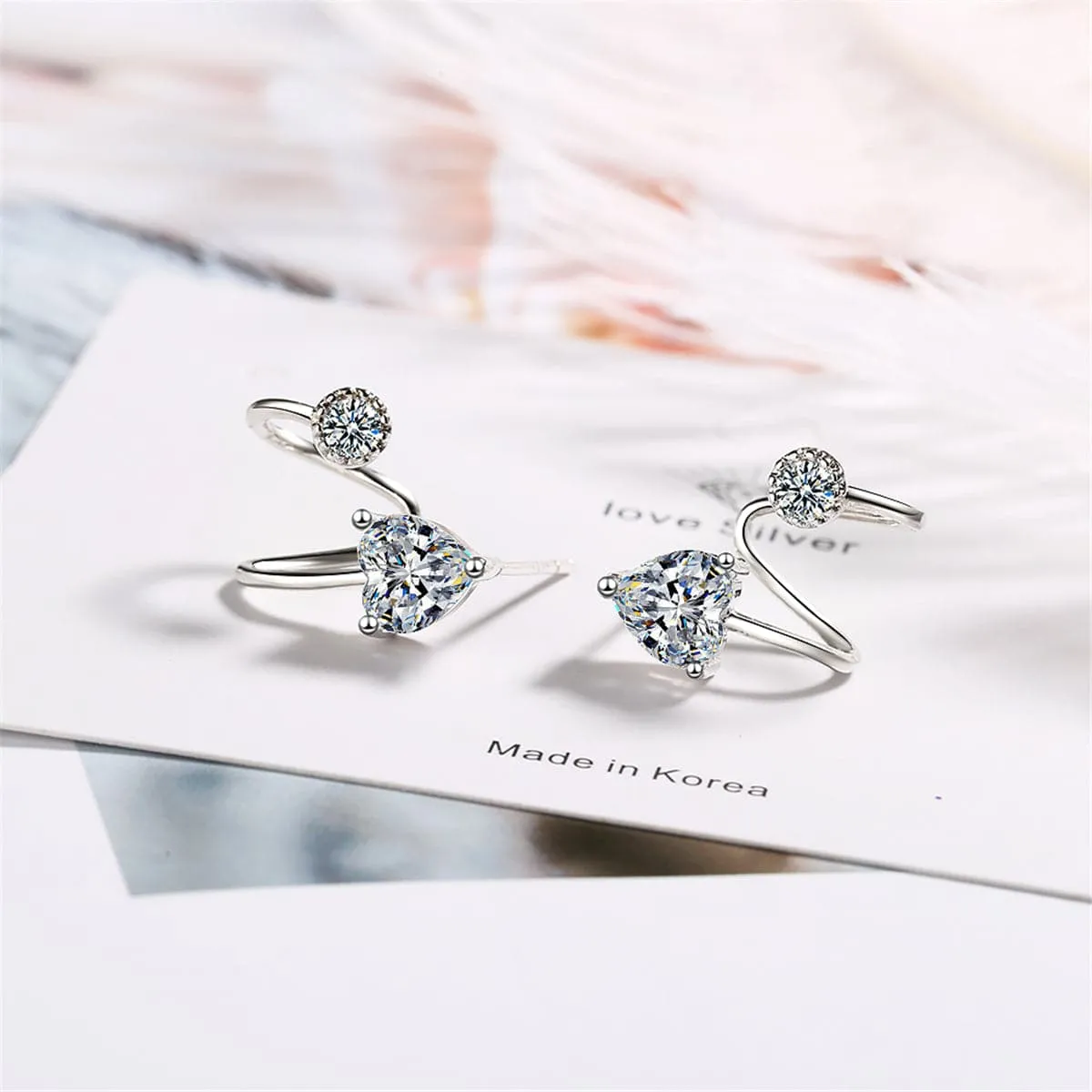 Cubic Zirconia & Silver-Plated Heart Ear Cuffs