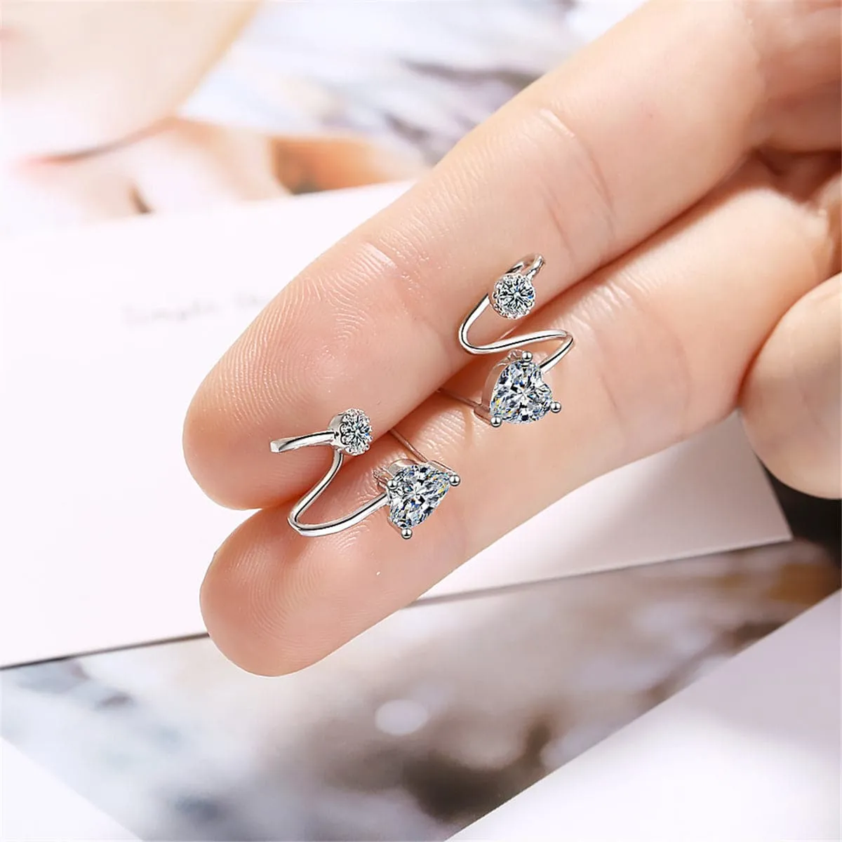 Cubic Zirconia & Silver-Plated Heart Ear Cuffs